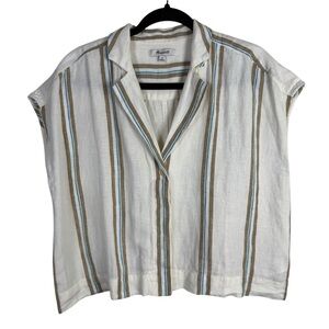 Madewell Boxy Cap-Sleeve Shirt in 100% Linen Olive Stripe Oversized Button Front